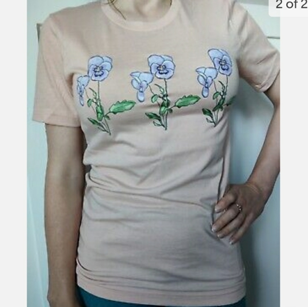 T-Shirt with Custom Violet Flowers, Size XS